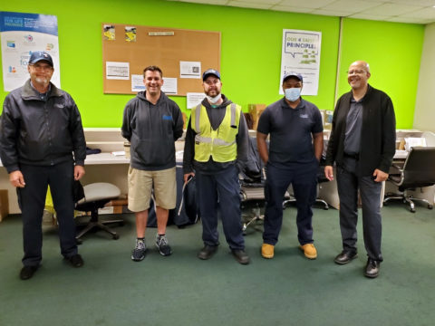 Members at the DS Services ratification meeting on March 26 with their Union Representative Greg Torian (far right).