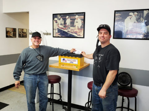 Committee member David Pecunia and Shop Steward Anthony Ditheodore voting at the George Wells Meat Co ratification meeting on May 12, 2021.