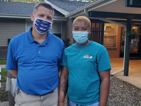 Union Representative Pete White with Shop Steward Latoya Clarke at the Eagleview Health and Rehabilitation ratification on 9/10/2021.