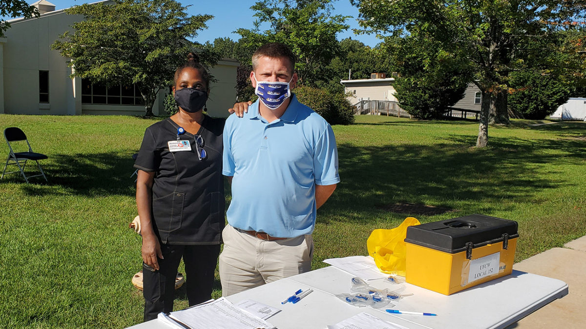 Shop Steward Joann Adcock and Union Representative Pete White at the Bacharach ratification on 9/24/2021.