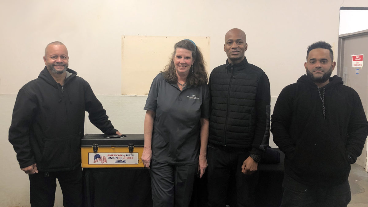 Union Representative Jose Echevarria, Jeanine Etling, Shop Steward Bradley Smith, and Francis Reinoso at the CRS Facility Services ratification meeting, 11/30/21.