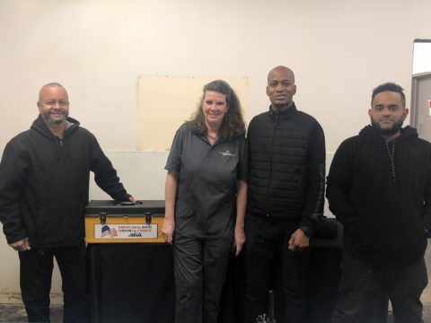 Union Representative Jose Echevarria, Jeanine Etling, Shop Steward Bradley Smith, and Francis Reinoso at the CRS Facility Services ratification meeting, 11/30/21.