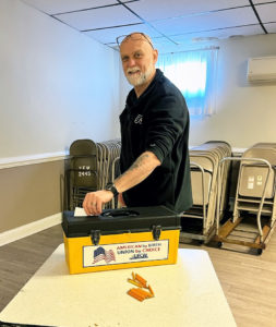 Shop Steward Jerry Cheever voting at the Barry Callebaut ratification meeting on 1/26/22.