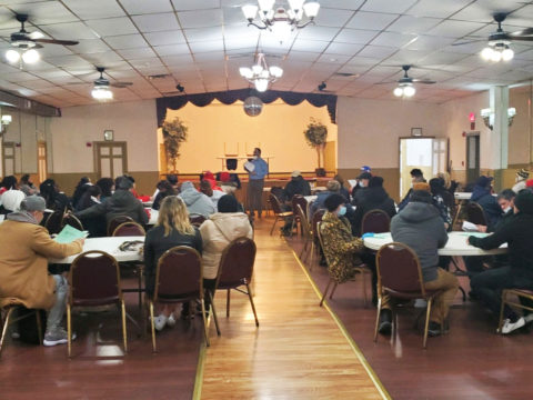 Members listening to Director of Collective Bargaining, Dan Ross, at the Dietz & Watson ratification meeting on 2/27/22.