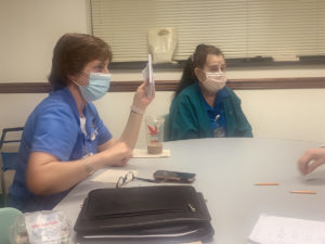 Director of Field Services Peggy Kelly at the Crothall Healthcare ratification meeting on 3/22/22.