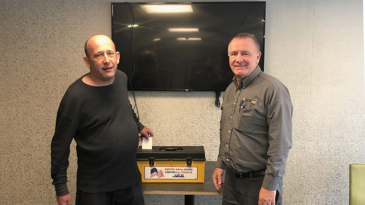 Shop Steward Alan Izes and Joe Stathius at the George's Market ratification meeting on 4/25/22.