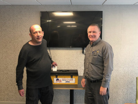 Shop Steward Alan Izes and Joe Stathius at the George's Market ratification meeting on 4/25/22.