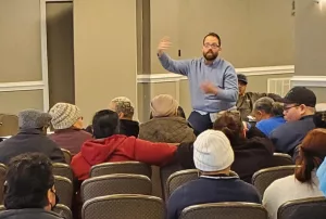 Director of Field Services Dan Ross explaining the proposed contract at the ratification meeting, 2022.
