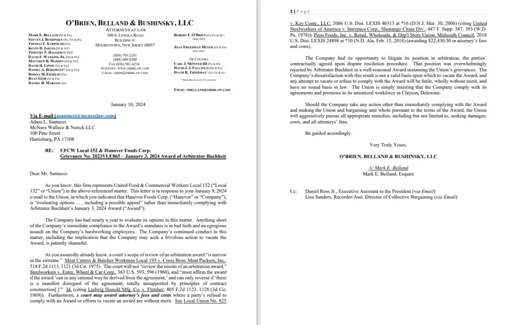 The letter sent to Hanover Foods on January 10, 2024.